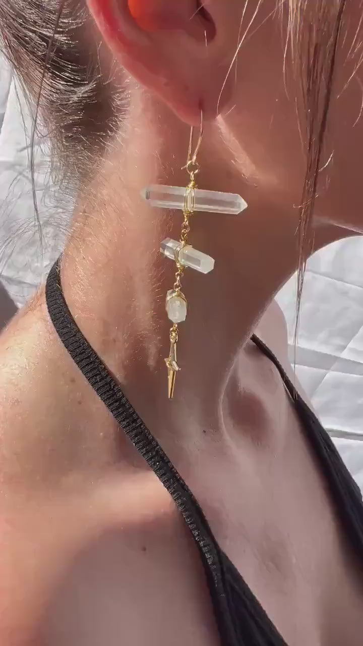 Ladder Style Earrings with 3 Double Terminated Crystals and 4 Point Star- 14k Gold Filled or Sterling Silver Skin Safe Ear Wire