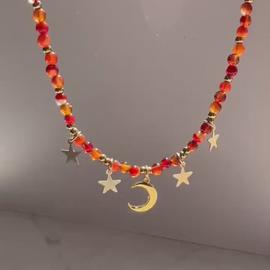 Star and Moon Necklace, Beaded Chokers, Beaded Jewelry, Moon and Stars Choker, Gemstone Star Choker, Moon and Stars Crystal Necklace