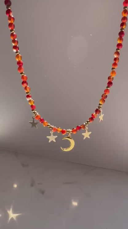 Star and Moon Necklace, Beaded Chokers, Beaded Jewelry, Moon and Stars Choker, Gemstone Star Choker, Moon and Stars Crystal Necklace