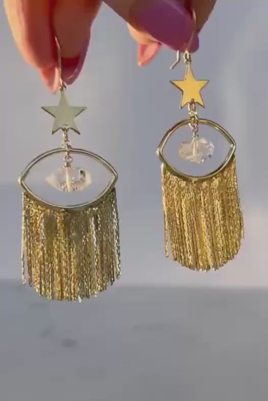 Evil Eye Statement Earrings, Gold Fringe Earrings, Gold Boho Earrings, Herkimer Diamond Earrings, Starry Eye Earrings, Star Dangle Earrings