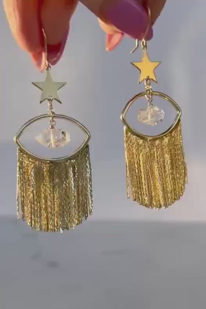 Evil Eye Statement Earrings, Gold Fringe Earrings, Gold Boho Earrings, Herkimer Diamond Earrings, Starry Eye Earrings, Star Dangle Earrings