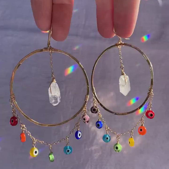 Boho Evil Eye Earrings, Big Boho Hoop Earrings, Evil Eye Chandelier Earrings, Rainbow Hoops, Chakra Hoop Earrings