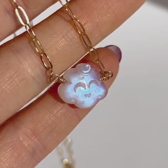 Rainbow Moonstone Cloud Necklace, Moonstone Crystal Necklace, Cloud Necklace Gold, Cloud Shaped Pendant, Happy Face Necklace
