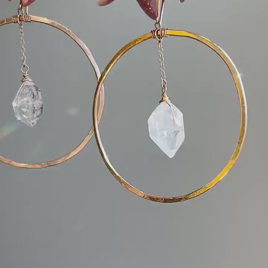 Big Boho Hoops, Handmade Hammered Hoops, Gold Filled Hoop Earrings, Herkimer Diamond Hoops, Gemstone Earrings, Raw Crystal Carrings