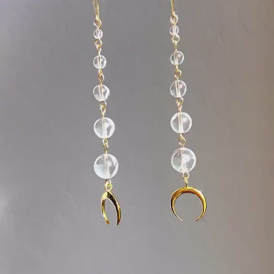 Crystal Quartz Ball Earrings Dangling Crescent Moon, Moon Phase Earrings, Long Crystal Earrings, Crescent Moon Jewelry, Zodiac Earrings