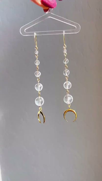 Crystal Quartz Ball Earrings Dangling Crescent Moon, Moon Phase Earrings, Long Crystal Earrings, Crescent Moon Jewelry, Zodiac Earrings