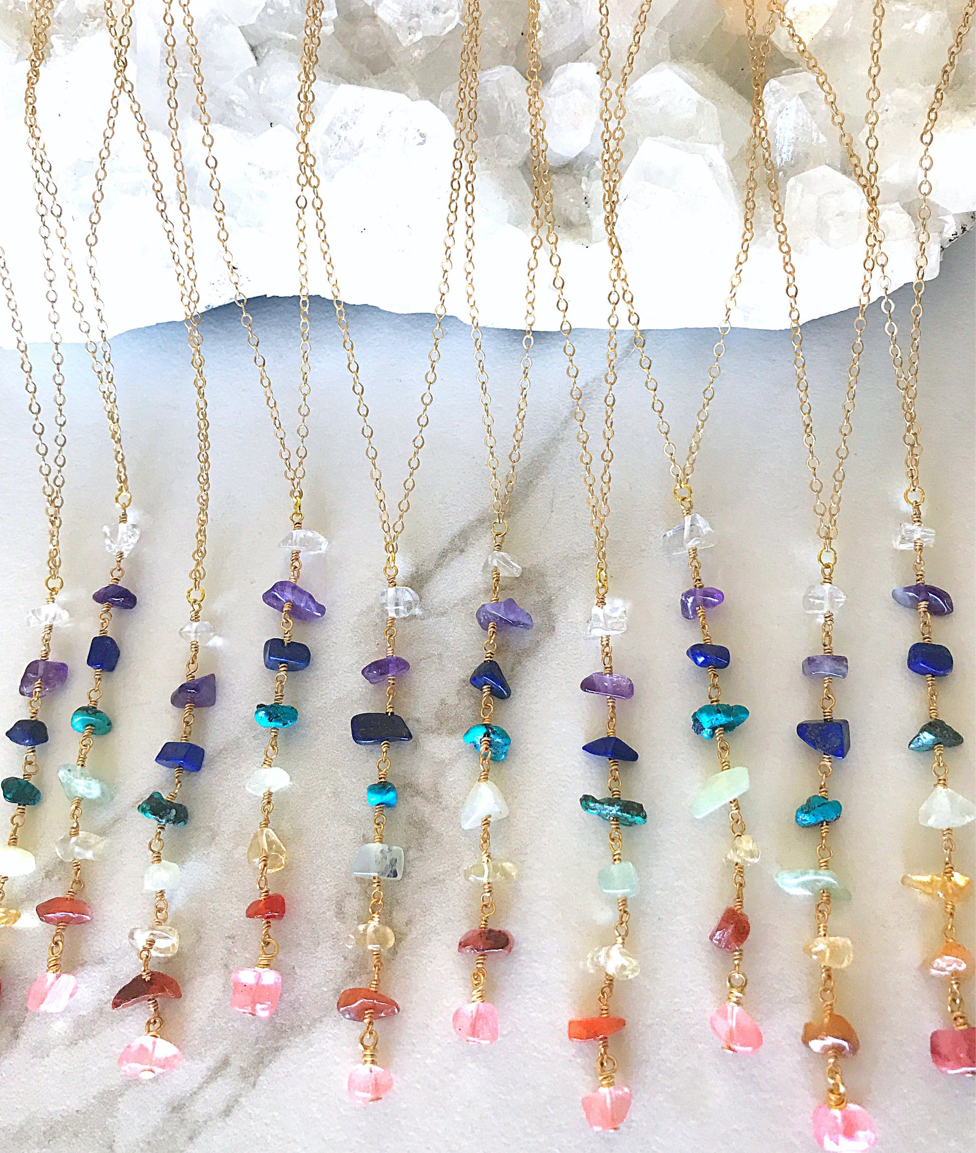 Thai Gemstone and Sterling Silver 7 Chakra Necklace - Seven Chakra Rainbow