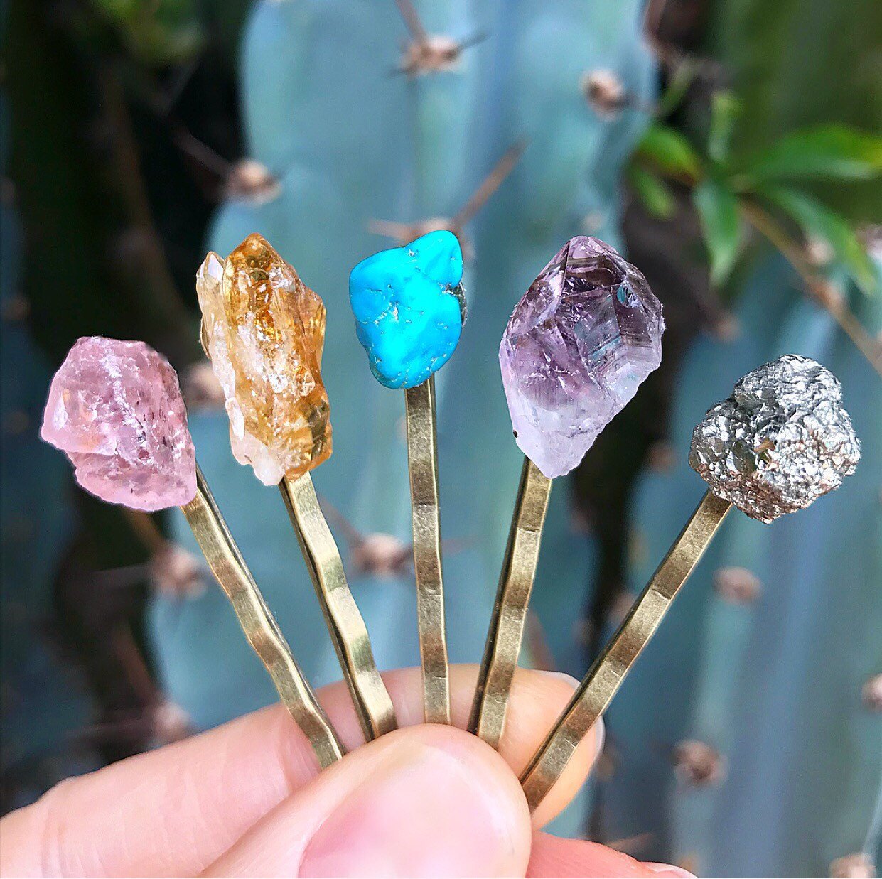 Raw Crystal Hair Pins Gold Rose Quartz