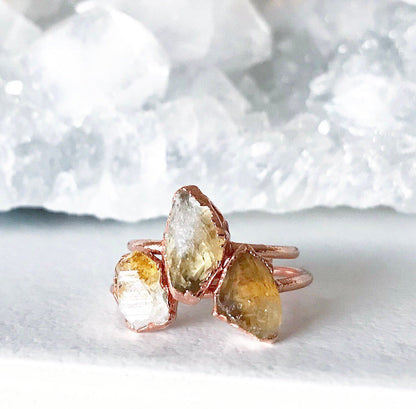 Citrine Crystal Stacking Ring with Dainty Raw and Natural Stone on Copper Band with Organic Style Setting