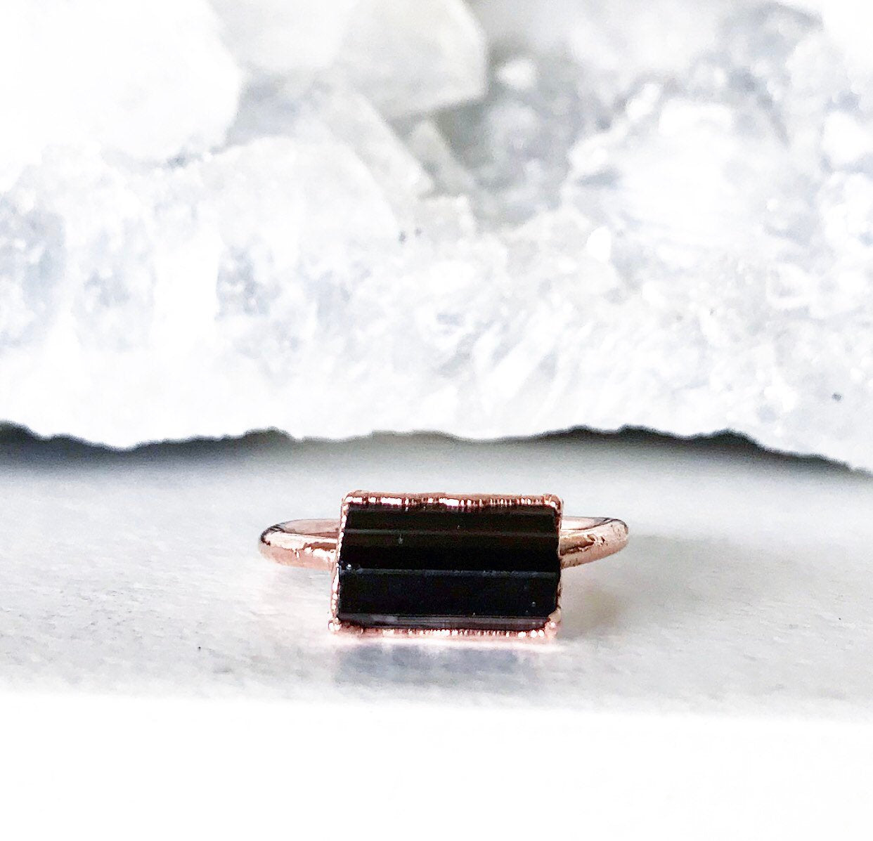Black Tourmaline Dainty Raw Healing Crystal Stacking Ring with Shiny Copper Electroformed Setting and Band