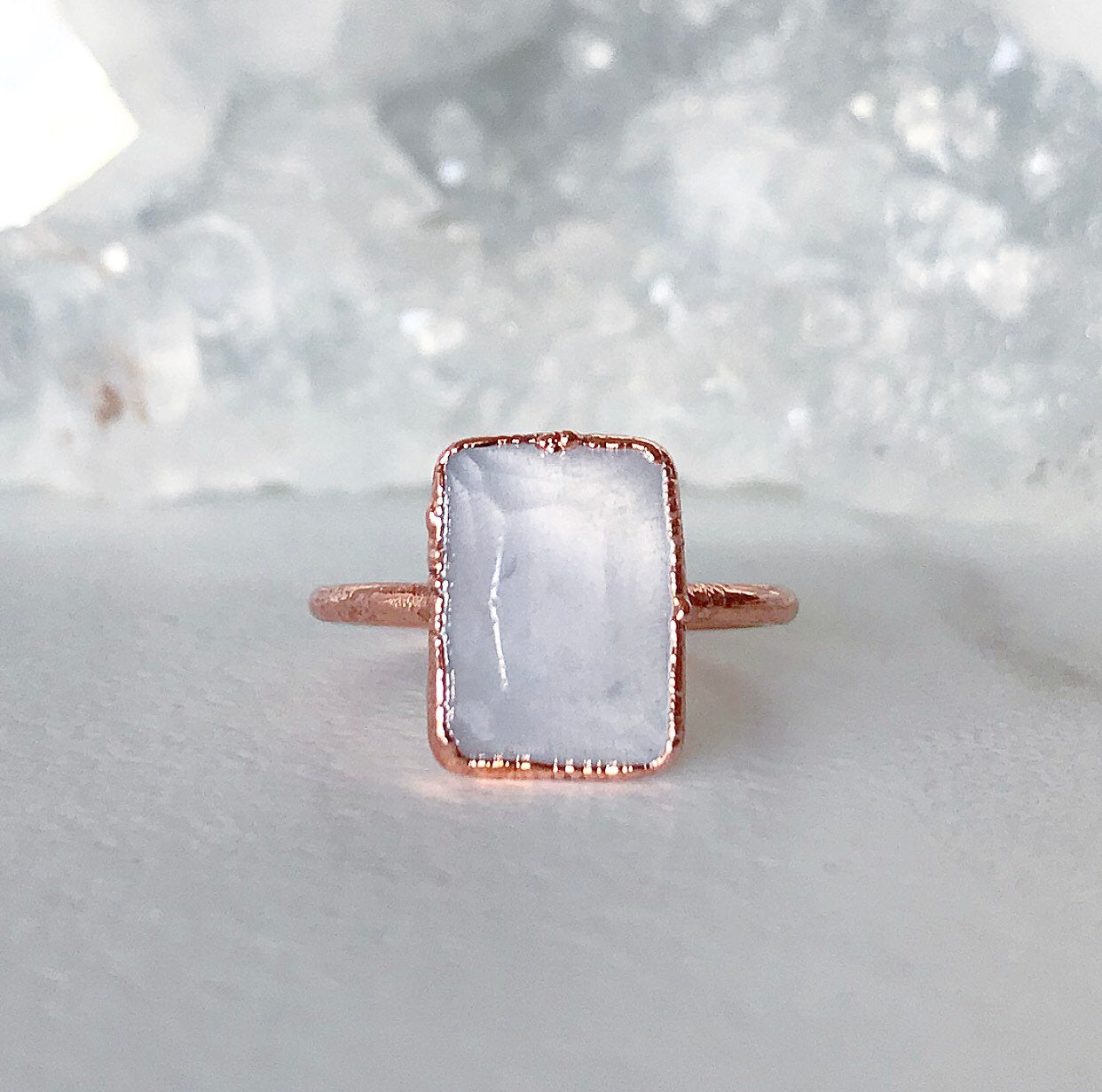 Raw Rose Quartz Crystal and Copper Ring with Emerald Cut Light Pink Blush Stone