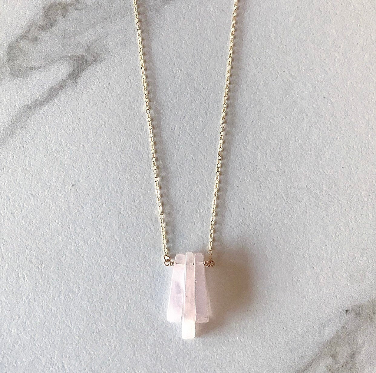 Dainty Rose Quartz Point Necklace, Delicate Raw Rose Quartz Crystal Necklace, Rose Quartz Layering Necklace, Three Stone Rose Quartz Pendant