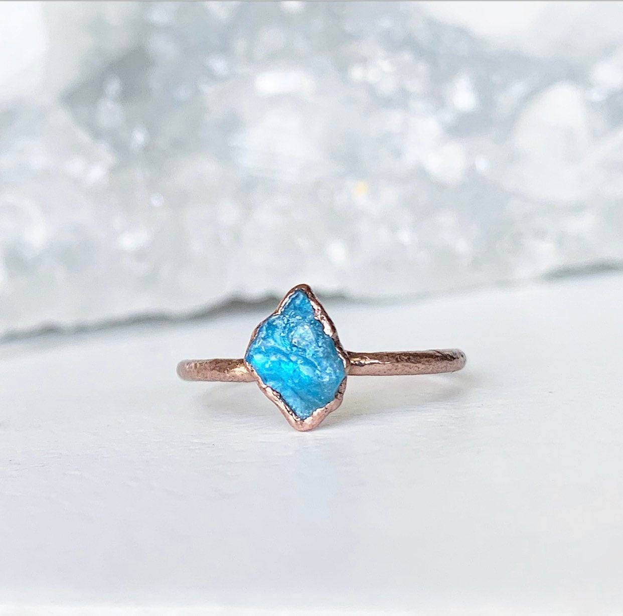 Dainty Apatite Crystal Ring, Delicate Crystal Jewelry, Tiny Stone Ring, Small Copper Stacking Ring, Raw Apatite Ring, Raw Blue Crystal Ring