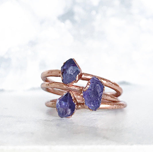 Dainty Amethyst Ring, Delicate Crystal Jewelry, Tiny Crystal Ring, February Birthstone Gift, Copper Stacking Ring, Small Raw Amethyst Ring