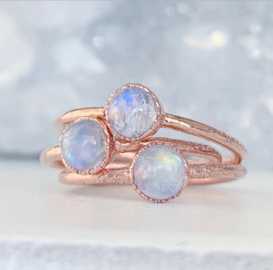 Tiny Moonstone Ring, June Birthstone Gift, Dainty Moonstone Ring, Healing Gemstone Ring, Delicate Copper Ring, Moonstone Stacker Ring