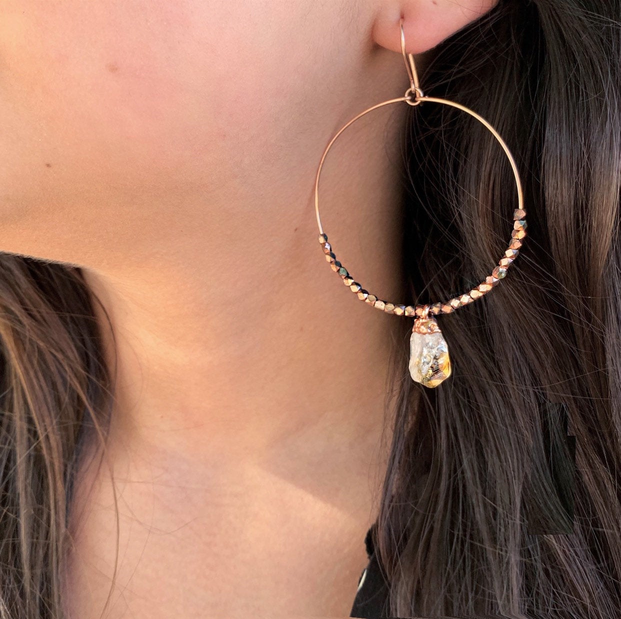 Citrine Gemstone Statement Hoops, Raw Citrine Hoop Earrings, Raw Gemstone Statement Earrings, Citrine Crystal Earrings, Citrine Earrings