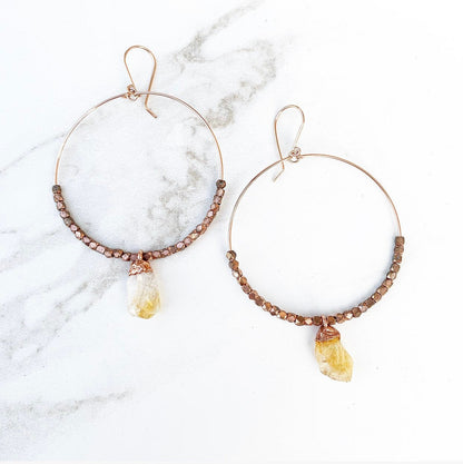 Citrine Gemstone Statement Hoops, Raw Citrine Hoop Earrings, Raw Gemstone Statement Earrings, Citrine Crystal Earrings, Citrine Earrings