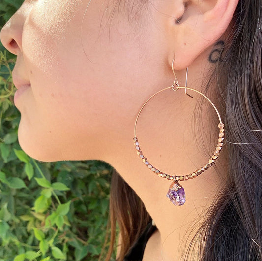 Raw Amethyst Statement Hoops, Raw Amethyst Hoop Earrings, Amethyst Gemstone Statement Earrings, Amethyst Crystal Earrings, Amethyst Dangles