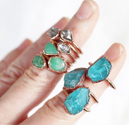 Raw Chrysoprase Stacking Ring shown as worn with other available stacking rings