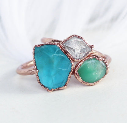 Raw Chrysoprase Stacking Copper Ring Shown with other available rings