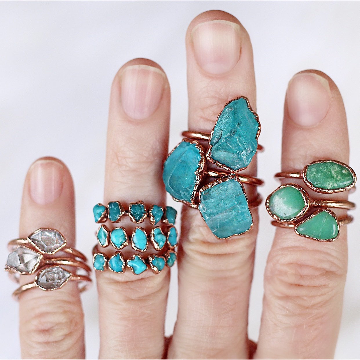 Raw Chrysoprase Ring show worn with other available stacking rings and multi stone stacking rings