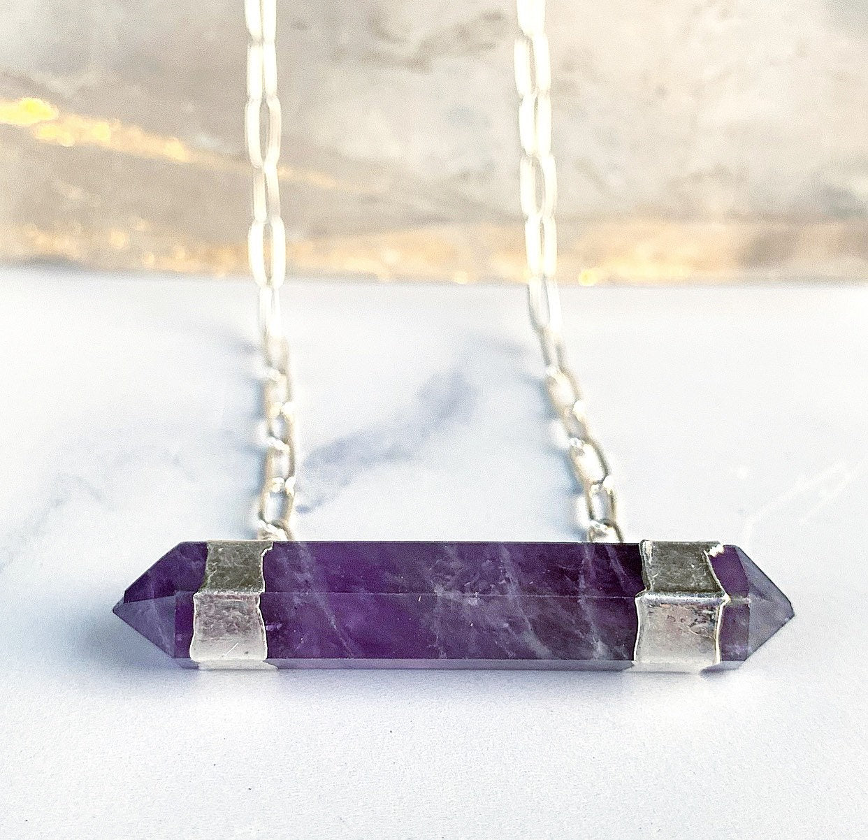 Double Terminated Amethyst Bar Necklace, Gold, Silver