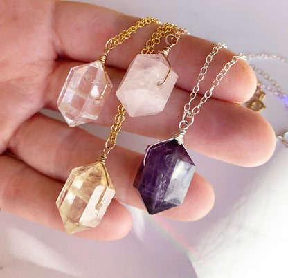 Double Terminated Crystal Necklace, Crystal Nugget Necklace, Healing Citrine Point Necklace, Amethyst Point Pendant, Rose Quartz Nugget