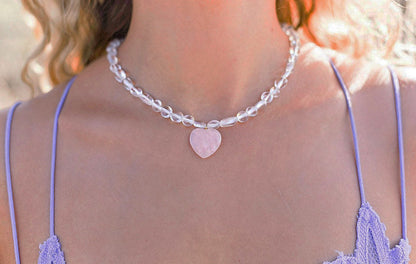 Rose Quartz Heart Choker, Beaded Crystal Choker, Rose Quartz Bead Necklace, Gemstone Heart Necklace, Crystal Quartz Bead Choker