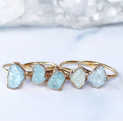 Rough Aquamarine Ring Gold, March Birthstone Ring Gold Band, March Raw Gemstone Ring, Raw Aquamarine Stone Ring, March Birthday Gift for Her