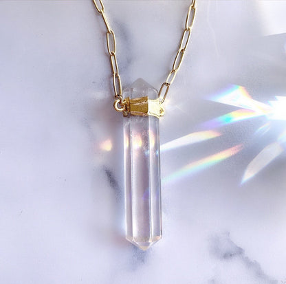 Chunky Crystal Quartz Point Necklace, Double Terminated Crystal Necklace, Clear Quartz Point Pendant, Crystal Necklace 14k Gold Chain