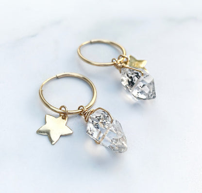 Herkimer Diamond Huggie Hoops, Celestial Ear Huggies, Gold Huggie Charm Earrings, Sterling Silver Herkimer Diamond Hoops, Star Charm Earring