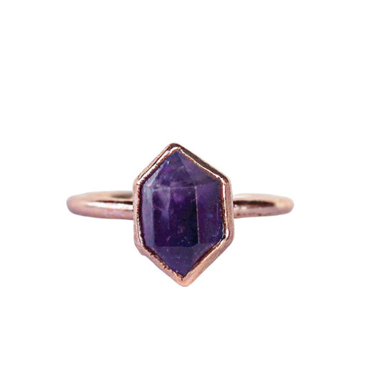 Amethyst Point Ring, Dainty Amethyst Crystal Ring, Copper and Amethyst Gemstone Ring, Raw Amethyst Stone Ring, Amethyst Gemstone Jewelry