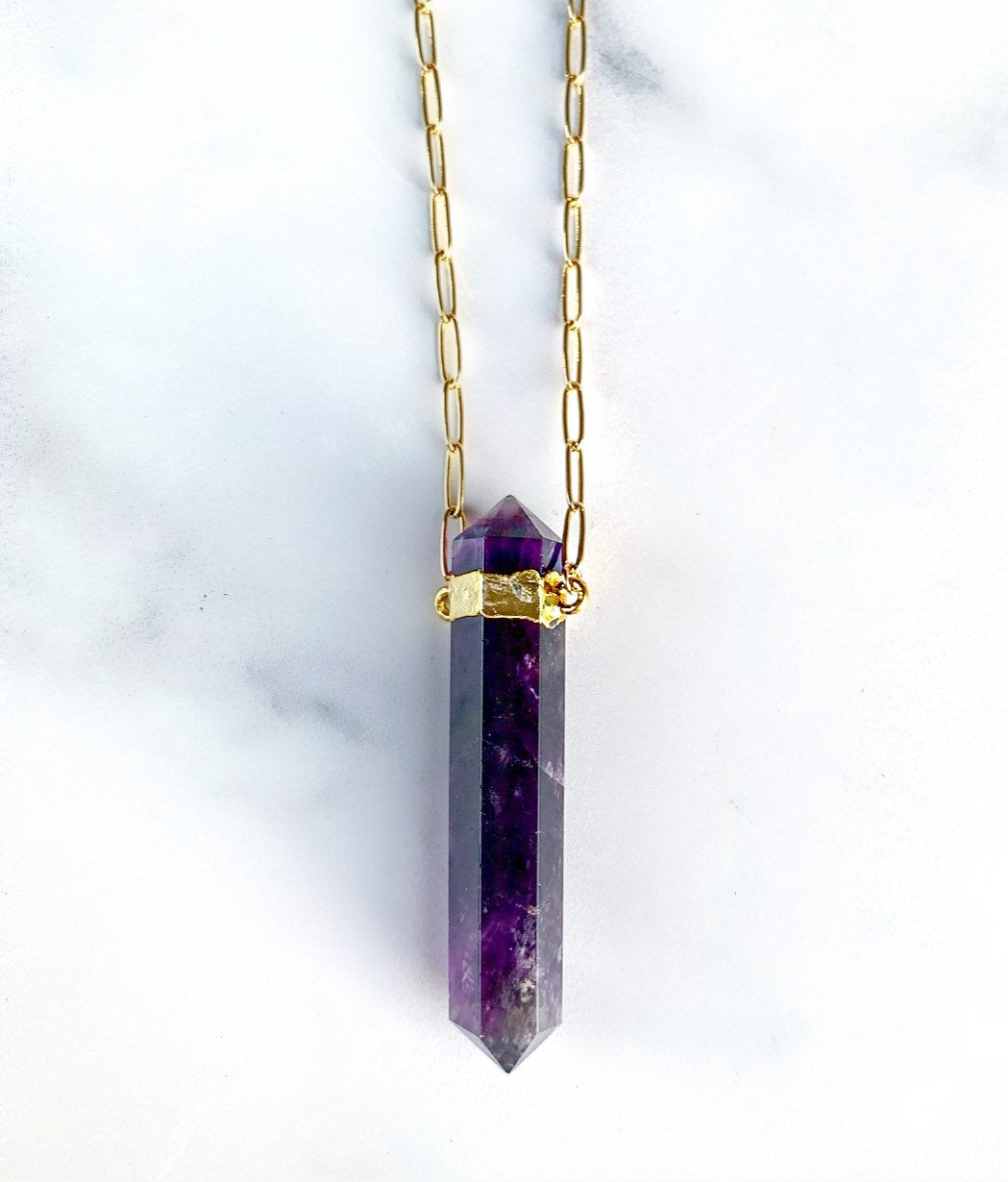 Amethyst Point Crystal Necklace, Chunky Amethyst Point Necklace, Double Terminated Amethyst Necklace, Amethyst Necklace Gold