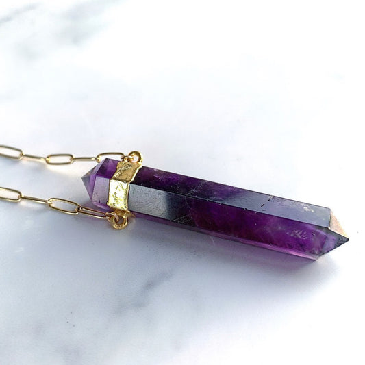 Amethyst Point Crystal Necklace, Chunky Amethyst Point Necklace, Double Terminated Amethyst Necklace, Amethyst Necklace Gold