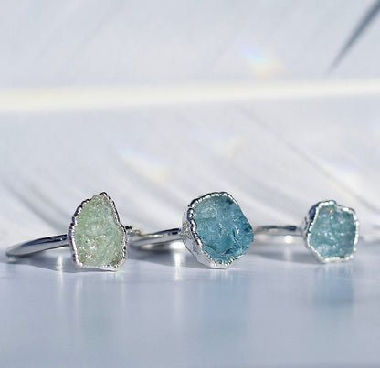 Rough Aquamarine Ring Silver, March Birthstone Silver Band, March Raw Gemstone Ring, Raw Aquamarine Stone Ring, March Birthday Gift for Her