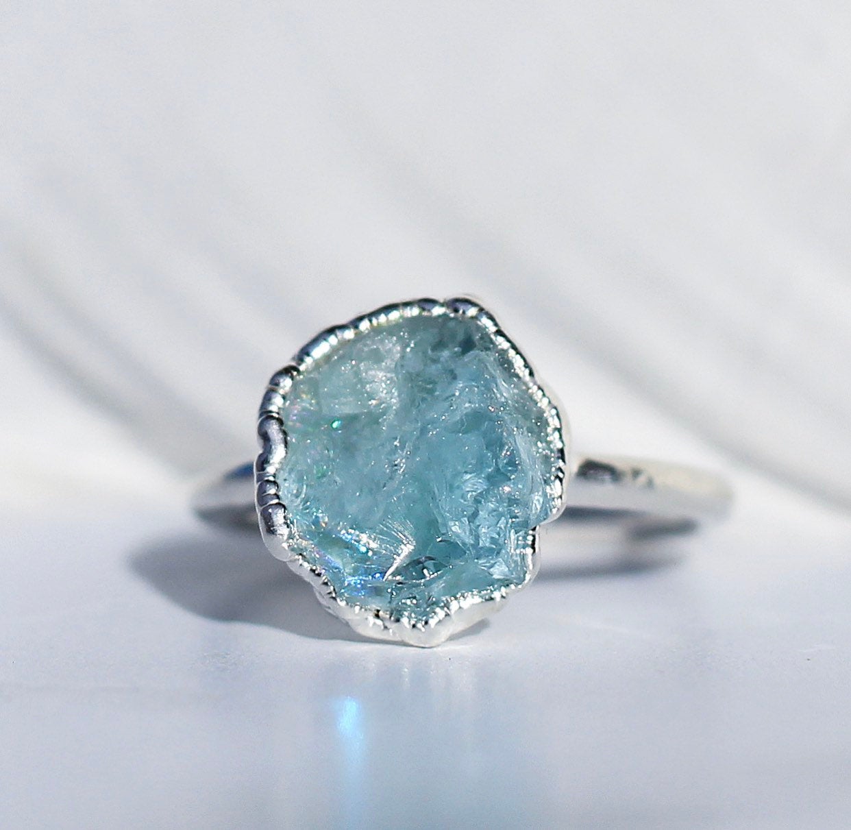 Rough Aquamarine Ring Silver, March Birthstone Silver Band, March Raw Gemstone Ring, Raw Aquamarine Stone Ring, March Birthday Gift for Her