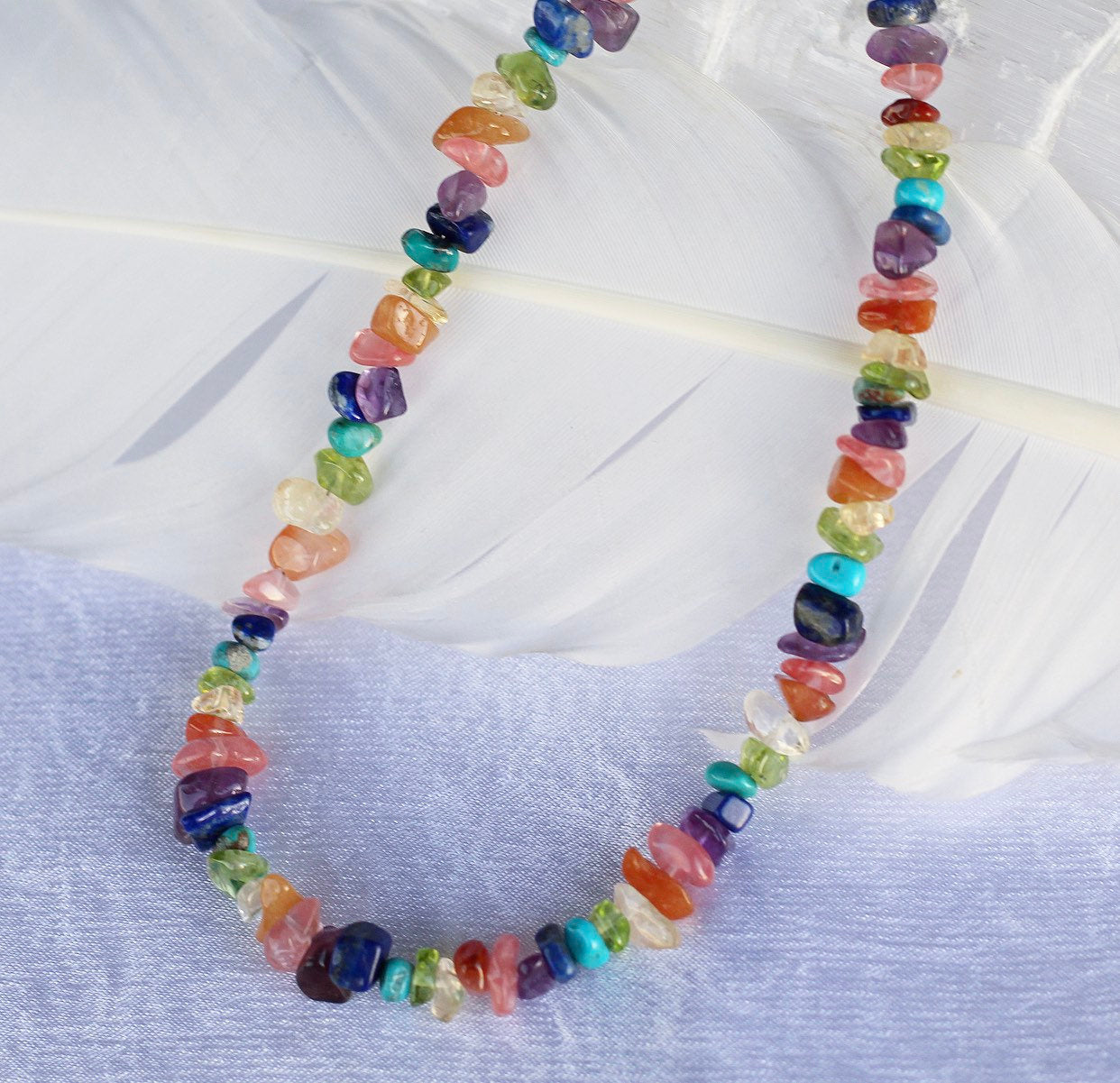 Rainbow Beaded Necklace, Puka Style Necklace, 90s Bead Necklace, Chakra Bead Necklace, Chakra Gemstone Necklace, Beaded Hippie Necklace