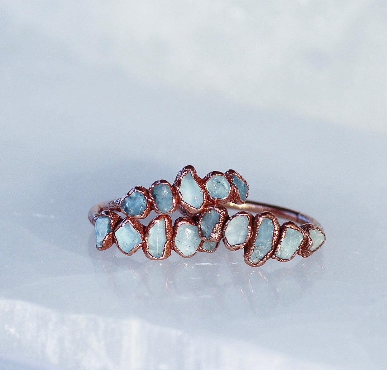 Aquamarine Multi Stone Ring, Delicate Aquamarine Ring, Stackable Aquamarine Band, Unique Aquamarine Ring, March Birthstone Ring, Copper Ring