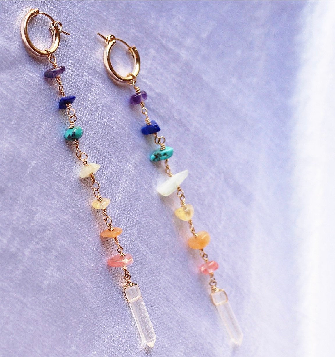 7 Chakra Dangle Earrings, Rainbow Gemstone Earrings, Crystal Chakra Earrings, Crystal Duster Earrings, Crystal Huggie Earrings, Gift for Her