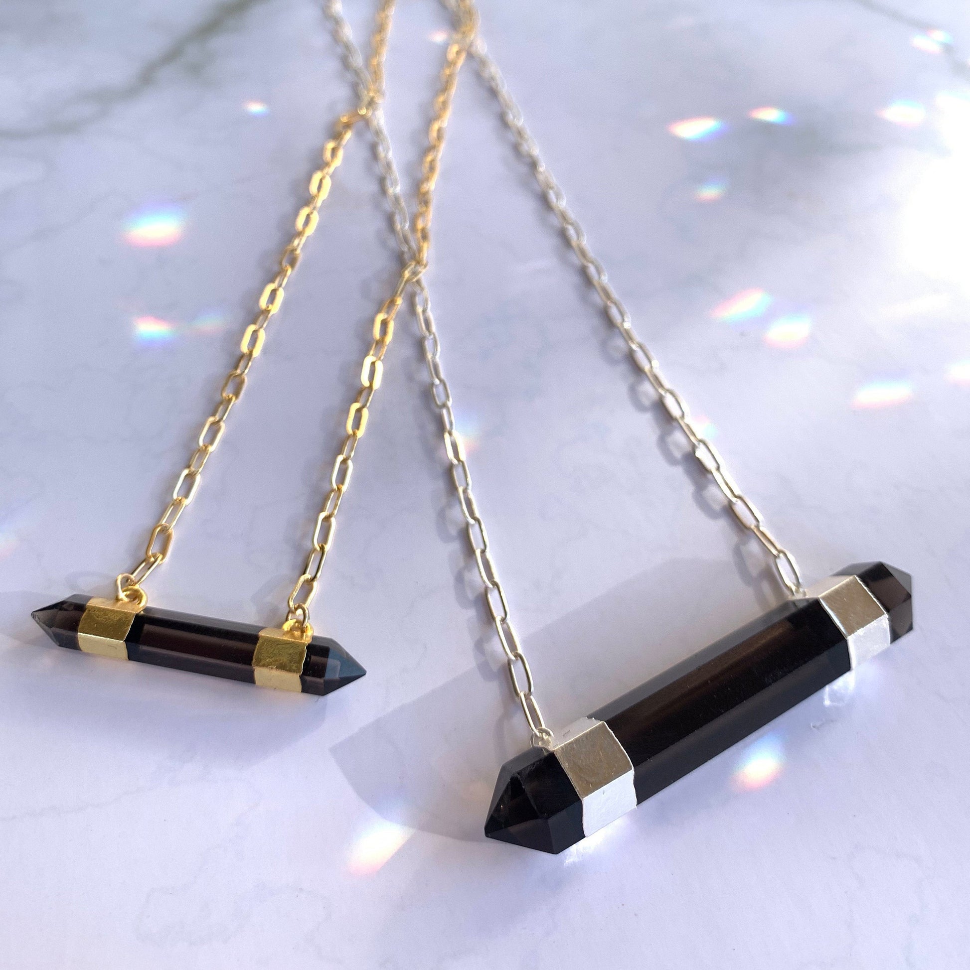Smoky Quartz Bar Necklace, Chunky Smoky Quartz Necklace, Black Crystal Pendant, 14k Gold Crystal Necklace, Gift for Her