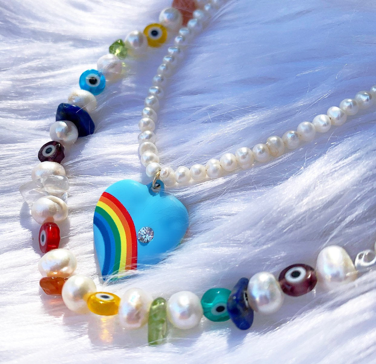 Colorful Pearl Necklace, 90s Style Pearl Necklace, 90s Bead Necklace, Pearl Bead Necklace, Evil Eye Bead Necklace, Rainbow Beaded Necklace