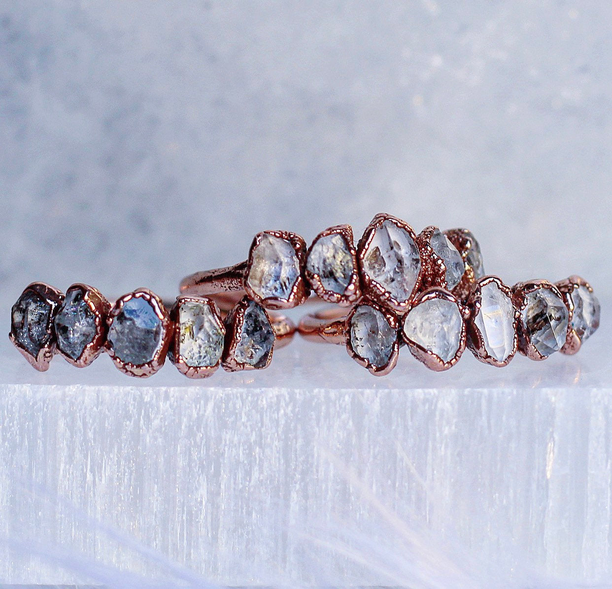 Herkimer Diamond Multi Stone Ring, Stackable Herkimer Diamond Ring, Raw Crystal Ring, Boho Wedding Ring, Copper Wedding Band, Rustic Wedding