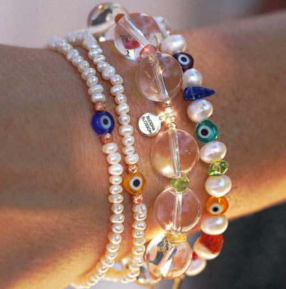 Colorful Pearl Bracelet, Multicolor Bead and Pearl Bracelet, Pearl Bead Necklace, Evil Eye Bead Bracelet, Rainbow Beaded Bracelet