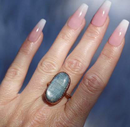 Blue Kyanite Statement Ring, Throat Chakra Stone Ring, Blue Crystal Cocktail Ring, Large Polished Kyanite Ring, Oval Blue Gemstone Ring