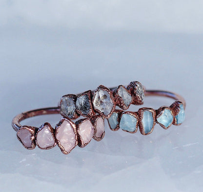 Aquamarine Multi Stone Ring, Delicate Aquamarine Ring, Stackable Aquamarine Band, Unique Aquamarine Ring, March Birthstone Ring, Copper Ring