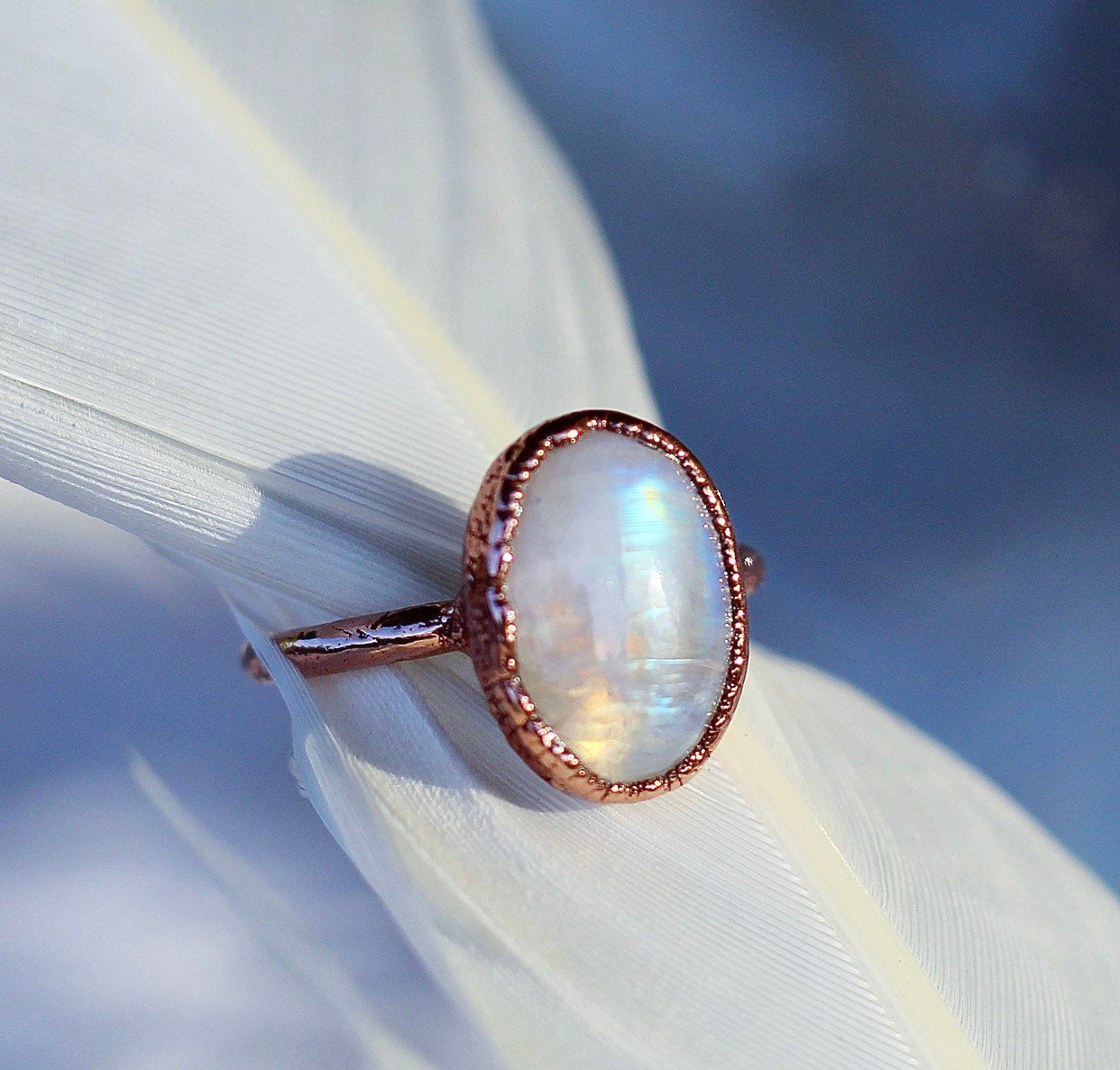 Moonstone Oval Ring, Moonstone Raw Stone, Big Raw Moonstone Ring, Rainbow Moonstone Ring, Moonstone Copper Ring, Raw Chunky Stone Ring