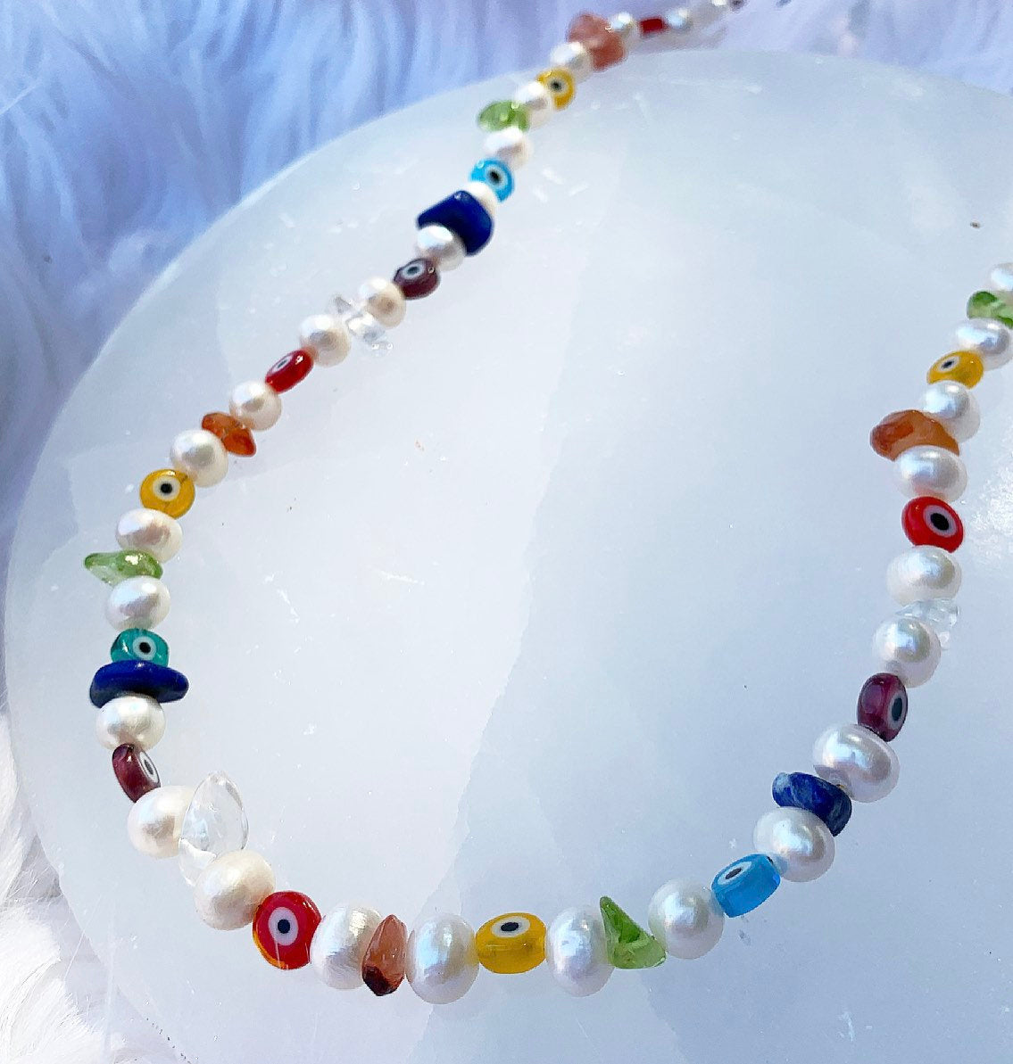 Colorful Pearl Necklace, 90s Style Pearl Necklace, 90s Bead Necklace, Pearl Bead Necklace, Evil Eye Bead Necklace, Rainbow Beaded Necklace