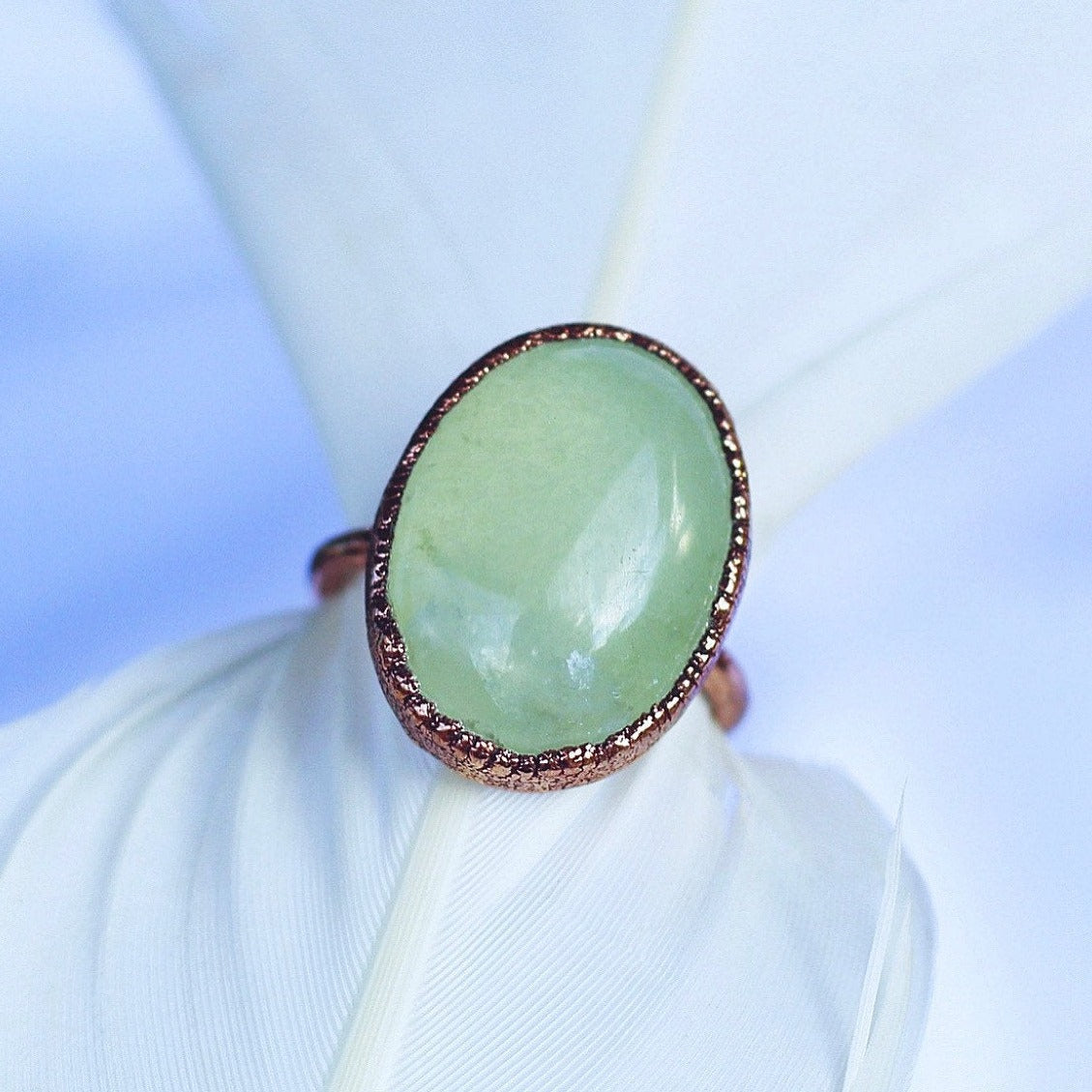 Caribbean Calcite Oval Ring, Raw Calcite Crystal Ring, Healing Calcite Jewelry, Blue Calcite Copper Ring, Aqua Stone Oval Ring