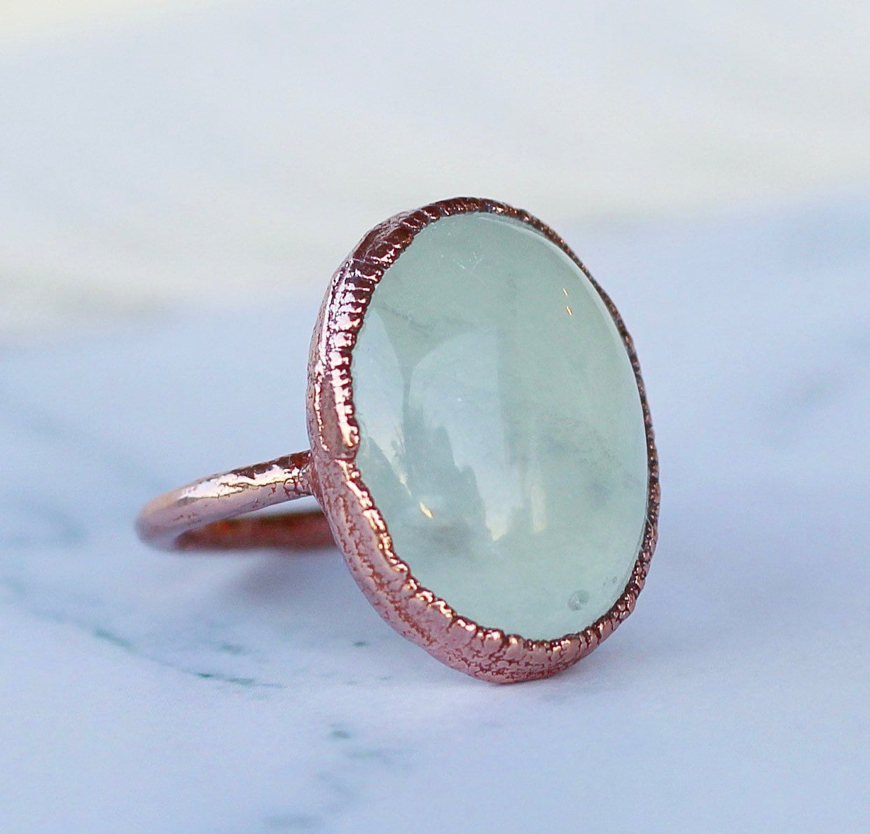 Caribbean Calcite Oval Ring, Raw Calcite Crystal Ring, Healing Calcite Jewelry, Blue Calcite Copper Ring, Aqua Stone Oval Ring