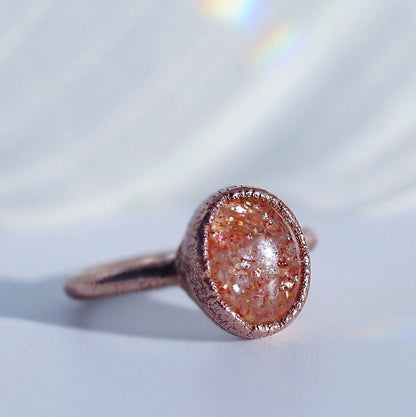 Sunstone Oval Ring, Natural Sunstone Ring, Raw Copper Ring, Orange Stone Ring, Copper Orange Crystal Ring, Sunstone Jewelry